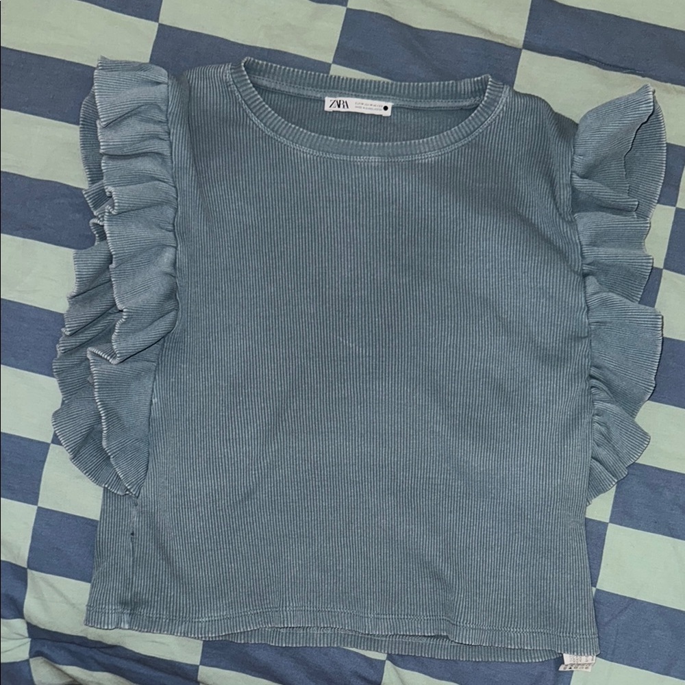 Zara Washed Blue Ruffle Sleeve Top